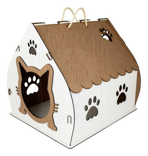 Casinha Mdf Pet Desenho Gravado Gato Desmontável Pequeno