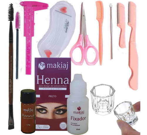 Kit Sobrancelha Henna Makiaj 13 Itens Paq Navalha Pincel Dap