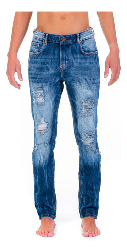 Pantalón Mezclilla Hombre Opps Jeans Azul Oscuro Demolición