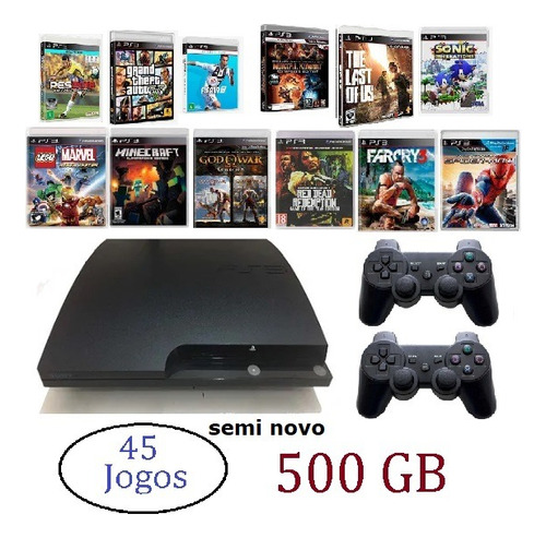 Ps3 Slim + 45 Jogos + 2 Controles Gta5, Fifa, Minecraft