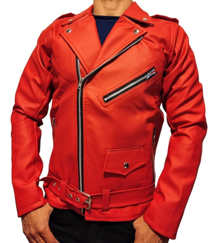 Chamarra Biker De Piel Vegana Para Hombre Rockera Roja Slim