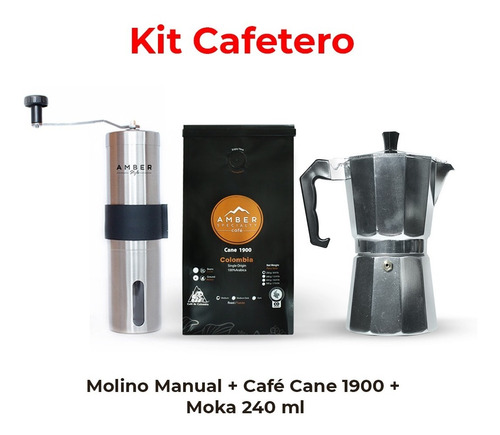 Kit Cafetero Moka 240ml + Molino Manual + Café Amber Grano 