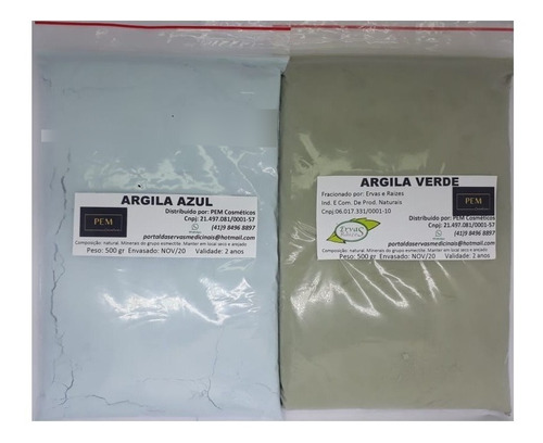 Argila Azul 500gr E Argila Verde 500gr Natural Pura Estética