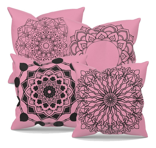 Kit 4 Capa De Almofada Rosa Com Mandala Preta E Ziper