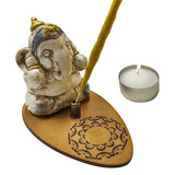 Porta Sahumerio Ganesha Fabricado En Yeso Y Madera Con Vela