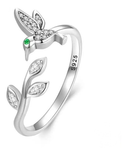 Anillo Diseño De Colibrí Ajustable En Plata Para Mujer