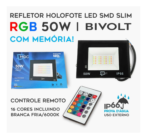 2 Refletor Holofote Led Rgbw 50w Slim Bivolt Ip66 C/ Memória
