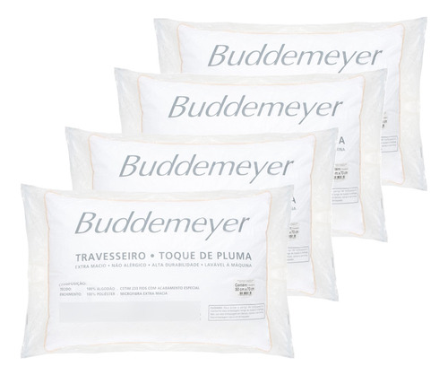 4 Travesseiros Buddemeyer Toque Pluma 50x70 Algodão Branco