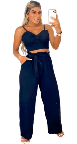 Conjunto Feminino De Pantalona Flare E Top Cropped Luxo Envi