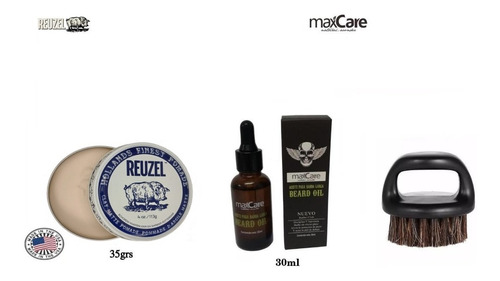 Kit Aceite Barba, Cera Reuzel Clay Hold, Cepillo Barberia