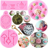 4pcs Molde Silicona Taza De Té Clave Rosa Flor Reloj Fondant