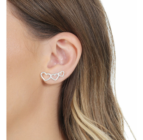 Brinco Ear Cuff 3 Corações Folheado A Prata