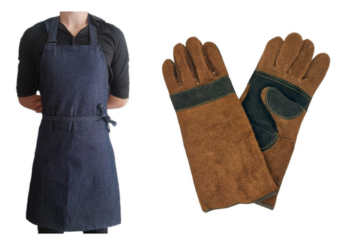 Kit Parrilla Delantal Y Guantes Asador Cuero Kevlar Premium