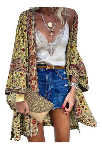 Women's Thin Loose Boho Print Cardigan Length .