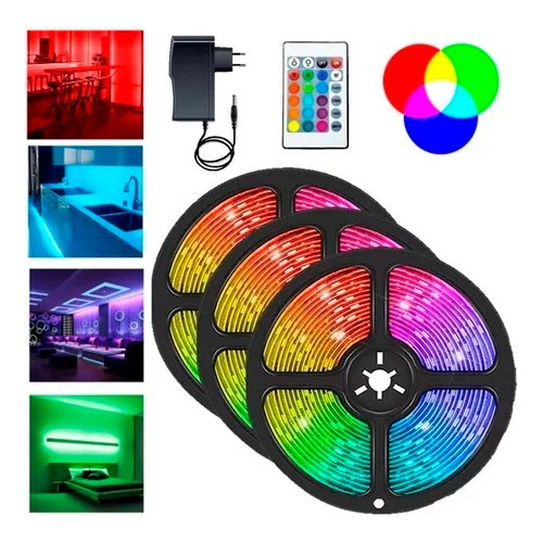 Fita Led Colorida Rgb 10 Metros Controle Fonte P/ Decoração