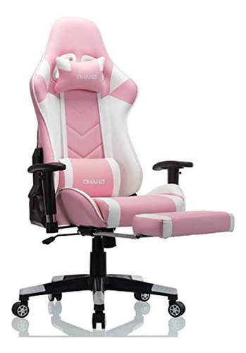 Silla Gamer Ergonómica De Cuero Color Blanco Y Rosa