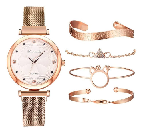 Set Reloj Y Pulseras 5 Piezas Regalo Elegante Brazalete