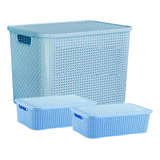 Kit 3 Caixas Organizadoras Rattan 25 E 10 Litros Com Tampa Cor Azul