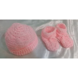 Escarpines Rosa Beba Con Gorro Tejido Al Crochet