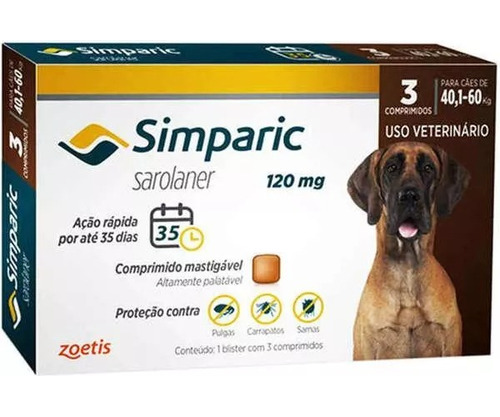 Antipulgas Simparic 120mg Cães 40 Até 60kg 3 Comprimidos