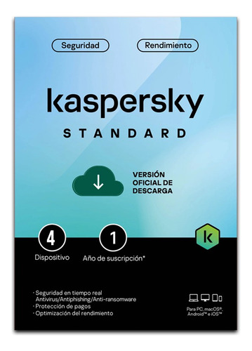 Kaspersky Standard 4 Dispositivo 1 Año Antivirus Descargable
