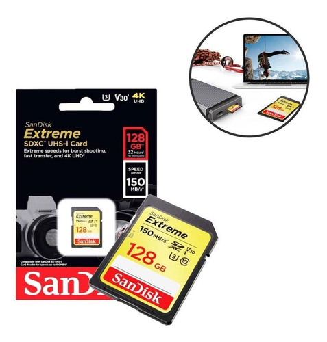 Cartão De Memória Sandisk Sdxc 128gb Ext 180 Mb/s 4k +leitor