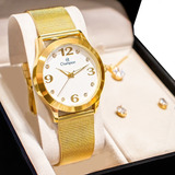 Relógio Champion Feminino Quadrado Cn25369w Colar E Brincos Cor Da Correia Dourado Cor Do Bisel Dourado Cor Do Fundo Branco 1