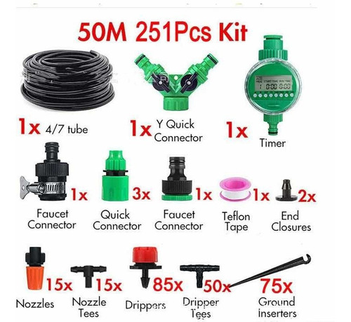 Kit De Riego Sistema Automático 50m 251 Piezas C/cronometro