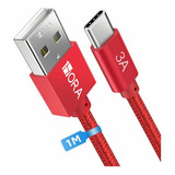 Cable Usb A Tipo C Carga Rápida 18w 3a Nailon Reforzad 1m Color Rojo