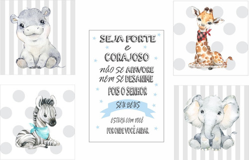 Kit 5 Placas Decoração Quarto Bebê Menino Baby Tema Safári 