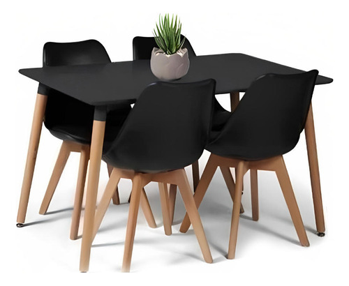 Comedor Mesa Rectangular Negra + 4 Sillas Tulip Negras