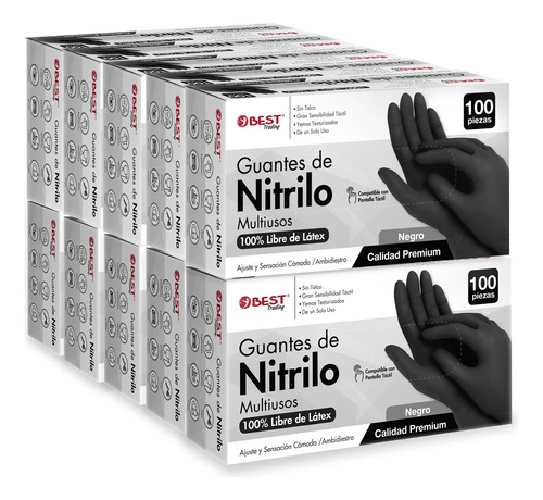 1000 Guantes Nitrilo Premium Negro Libre De Látex Sin Polvo