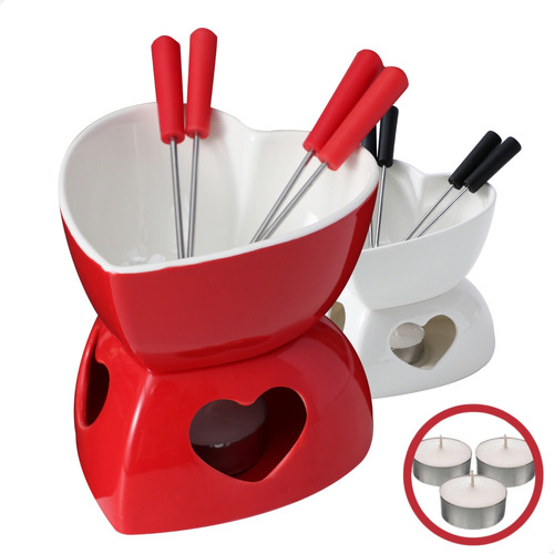  Kontuz Home Romântico E Coração Kit Conjunto Fondue Aparelho Panela Cerâmica Coração Branco Cor Vermelho