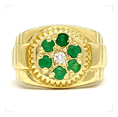 Anillo De Hombre Tipo Rolex En Oro 18k Con Esmeraldas