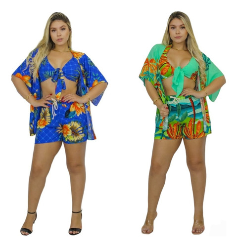 Conjunto 3 Peças Kimono Short Top Saída De Praia Kit Com 2