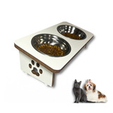 Comedouro Pet Elevado Duplo Gato E Cachorro 2 Potes Inox Mdf