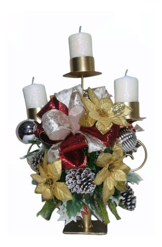 Candelabro De Navidad Color Dorado Con 3 Cirios Blancos.