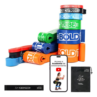 BOLD TRIBE Unlimited Pack con 12 Bandas de Resistencia - Ligas de Resistencia para Ejercicio con Resistencias Variables - Dominadas, Muscle Ups, Cross Training, Calistenia y Entrenamiento Funcional | Meses sin interés