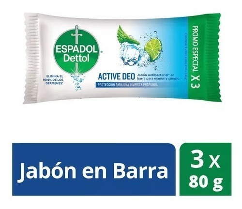 Espadol Dettol - Jabon Antibacterial Active Deo 3 X 80 Gr