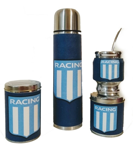 Set Matero Racing Club La Academia Mate Bombilla Termo De Acero Inoxidable De 1 Litro Yerbera Y Azucarera