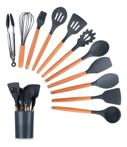 Kit 12 Utensilios De Cozinha Em Silicone E Cabo De Madeira