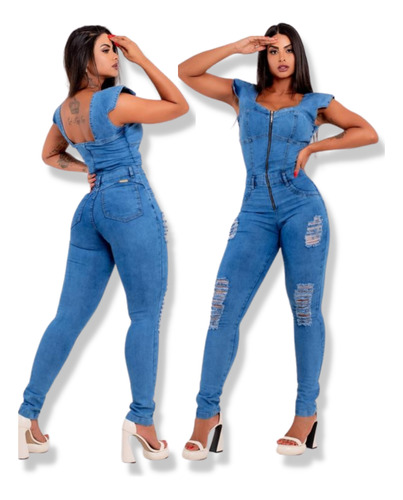 Macacao Longo Feminino Jeans Com Lycra Em Lavagem Clara 