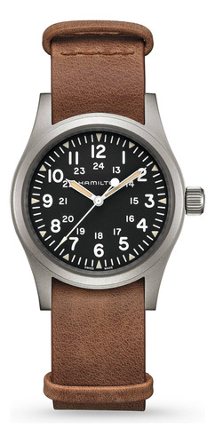 Hamilton Khaki Field Mecanico 38mm H69439531 Fotos Reales Color De La Malla Marrón Color Del Bisel Gris Color Del Fondo Negro