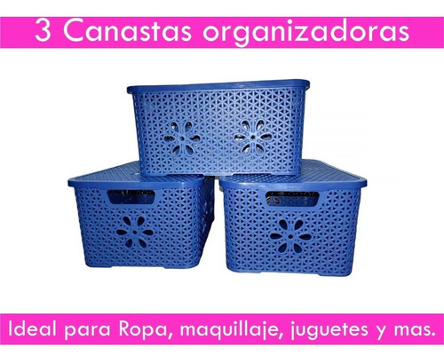 Cesta Organizadora Caja Plástica X3 Con Tapa Multipropósito