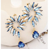 Luxo Brinco Estilo Ear Cuff Dourado Azul Cristais Strass