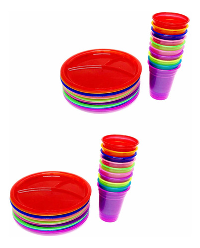 Kit Fiesta 20 Vasos (450ml)+ 20 Platos 3 Div (25cm) Colores