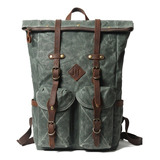 Mochila Vintage Roll Em Lona E Couro Verde