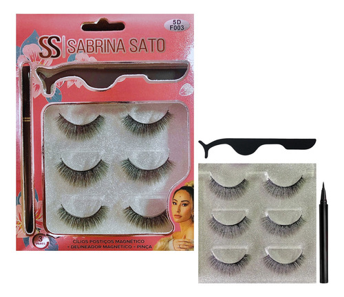 Cílios Postiços 5d Sabrina Sato Kit 3 Pares+delineador Magn