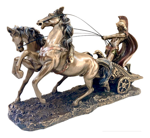 Escultura Carruagem Biga Romana Cavalos Epico 28x11x17 Cm