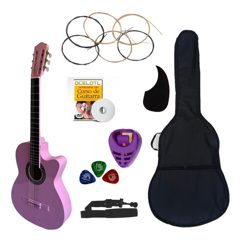 Guitarra Acústica Curva Ocelotl Paquete Básico De Accesorios Color Rosa Orientación De La Mano Derecha